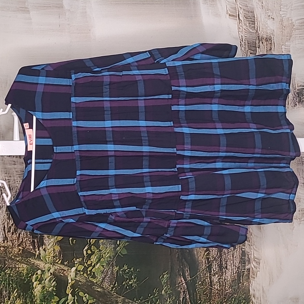 EVRI Womens 1X Blue purple black plaids long sleeve babydoll flowy top
